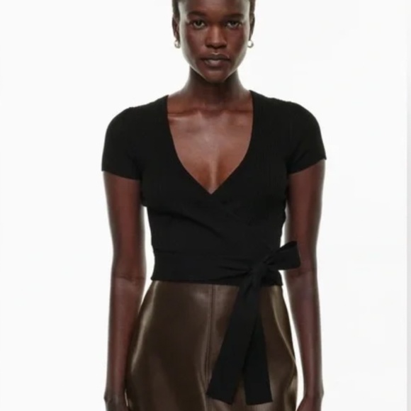 Aritzia Wilfred All Tied Up Sweater Short Sleeve Black Wrap Ribbed Knit XS - Picture 6 of 6